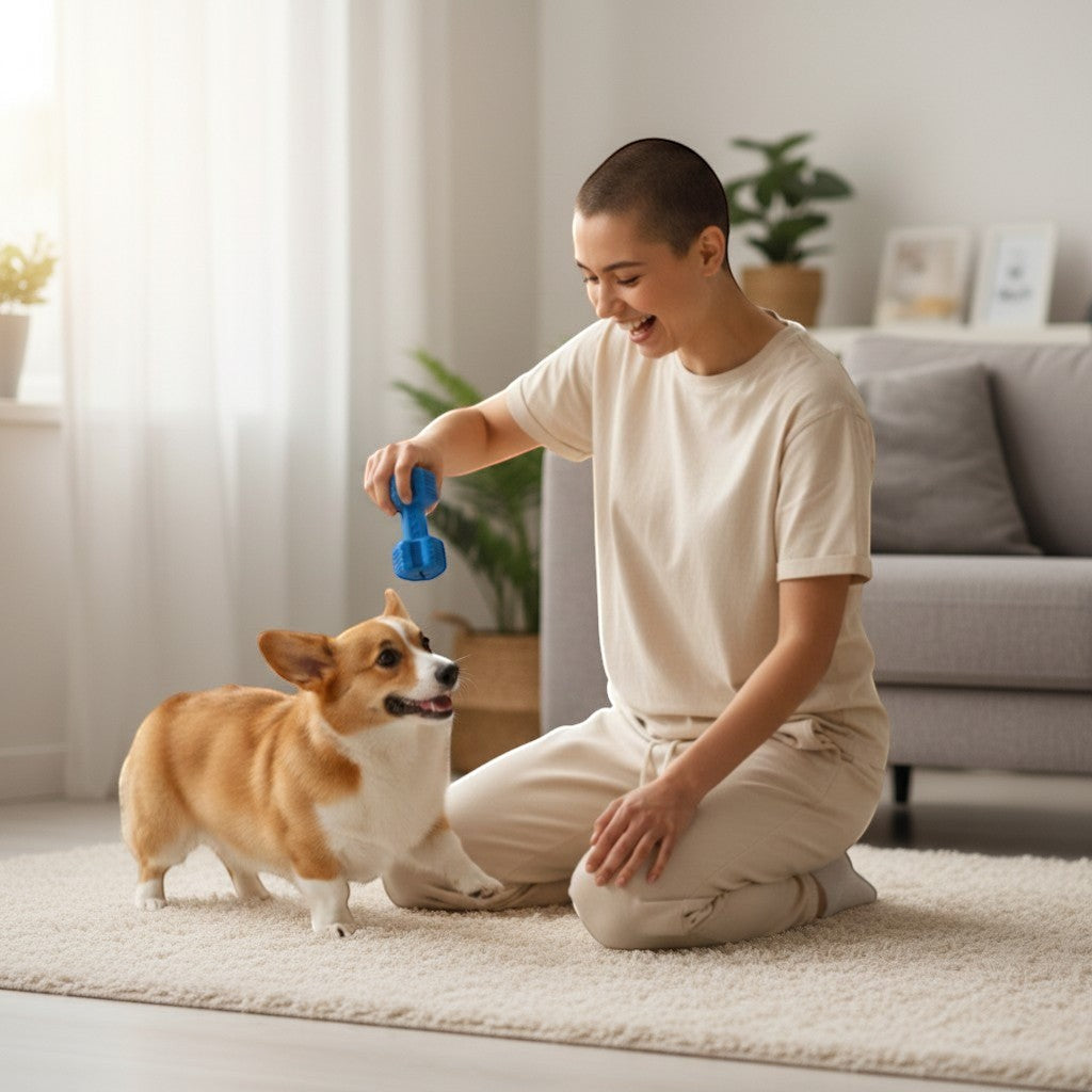 FURRYKU blue rubber dumbbell dog toy with textured ends for dental cleaning and treat dispensing.