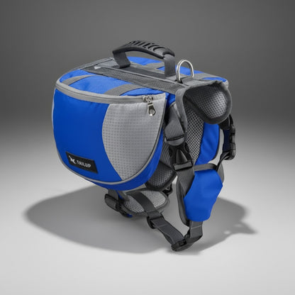 FURRYKU blue and grey dog hiking backpack with adjustable straps and mesh padding for outdoor adventures.