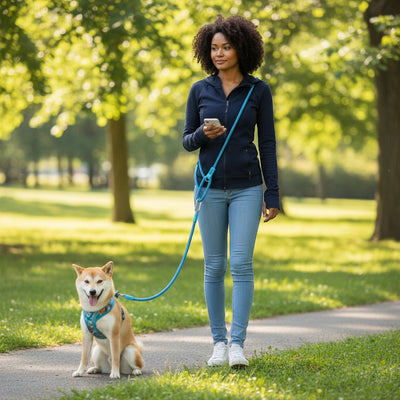 FURRYKU blue nylon hands-free dog leash, adjustable crossbody or waist lead for active pet owners.