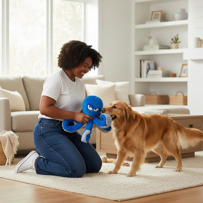 FURRYKU blue plush octopus dog toy with eight tentacles and a squeaker, designed for interactive play and boredom reduction.