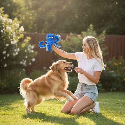 FURRYKU blue plush octopus dog toy with eight textured tentacles and a squeaker, designed for interactive play.