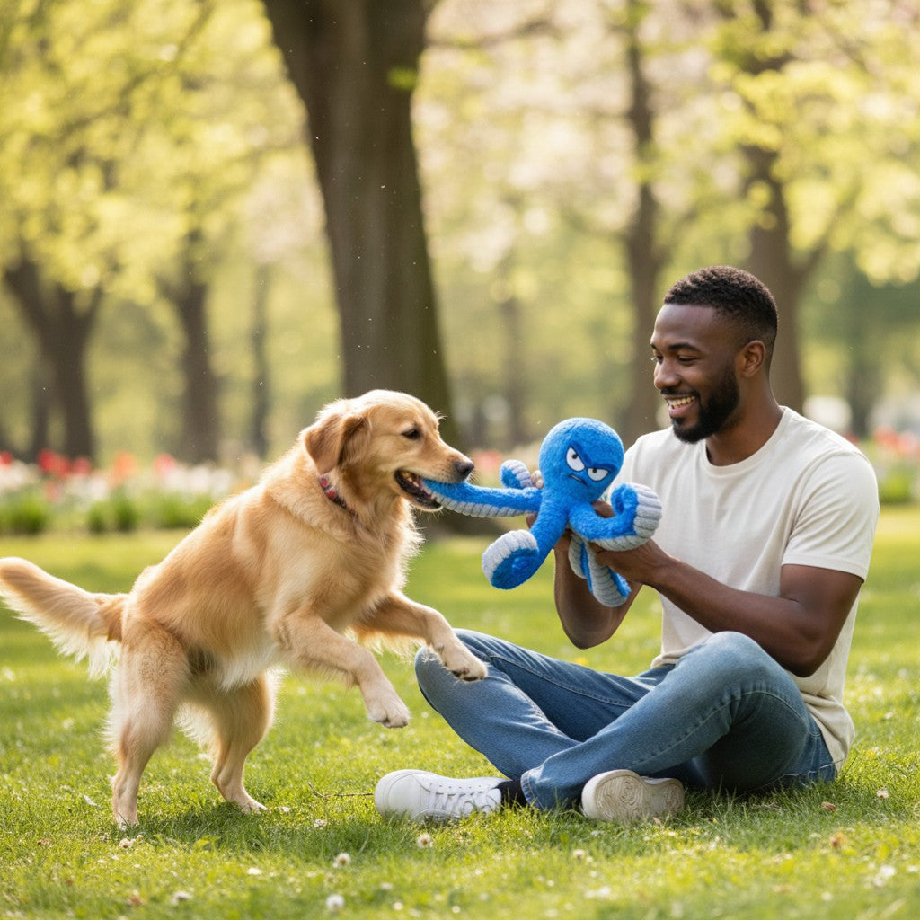 FURRYKU blue plush octopus dog toy with eight tentacles and a squeaker, designed for interactive play and boredom reduction.