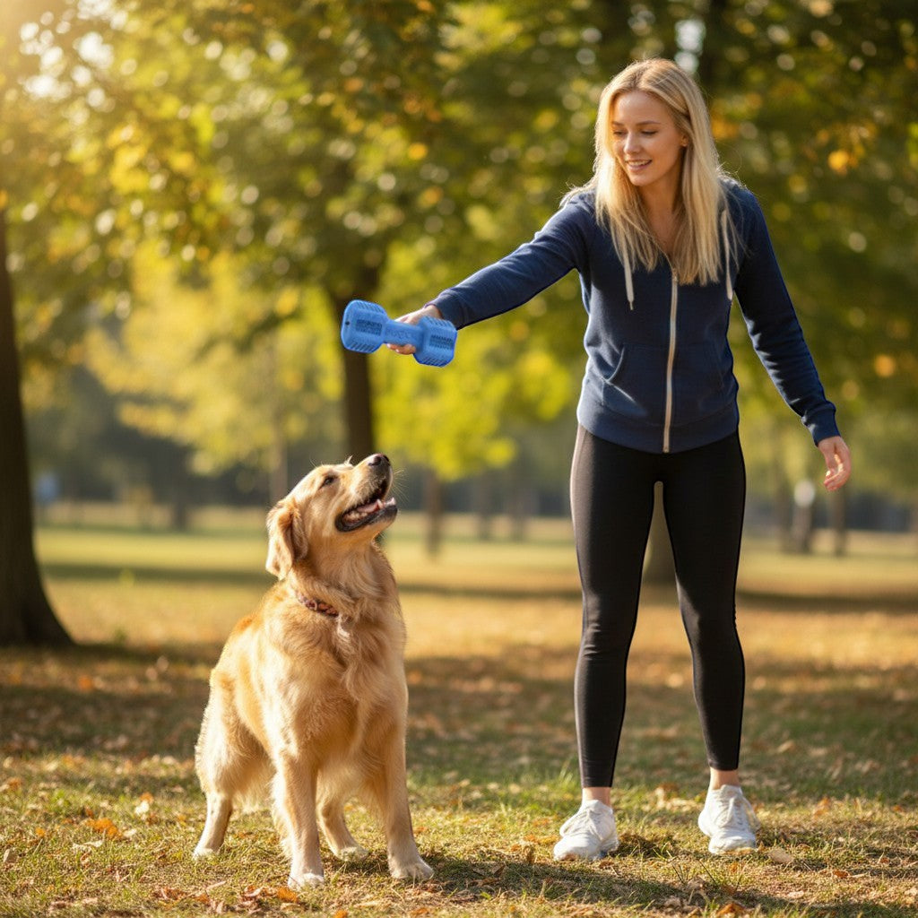 FURRYKU blue rubber dumbbell dog toy with textured ends for treat dispensing and dental cleaning.