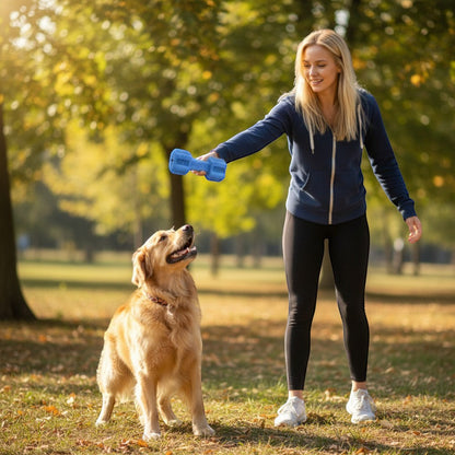 FURRYKU blue rubber dumbbell dog toy with textured ends for treat dispensing and dental cleaning.