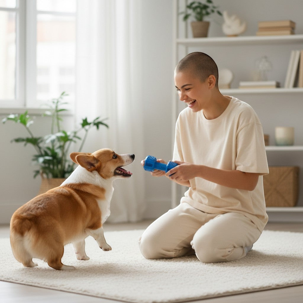 FURRYKU blue rubber dumbbell dog toy with textured ends for dental cleaning and treat dispensing.