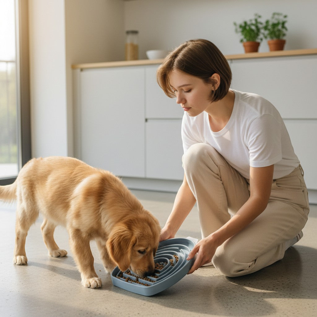FURRYKU blue silicone slow-feed dog bowl with maze design and anti-slip suction base.