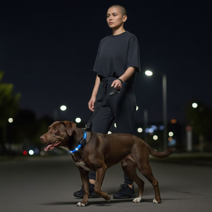 FURRYKU blue nylon dog collar with solar panel and USB charging, reflective trim for safety.