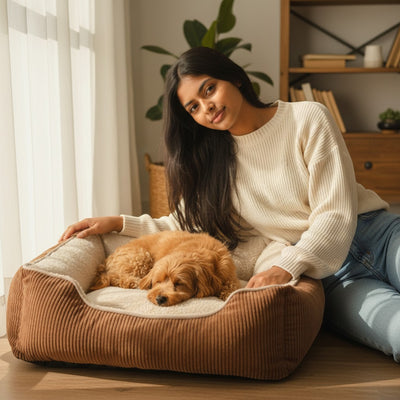 FURRYKU brown corduroy dog bed with plush cream interior and bolstered sides for comfort and security.