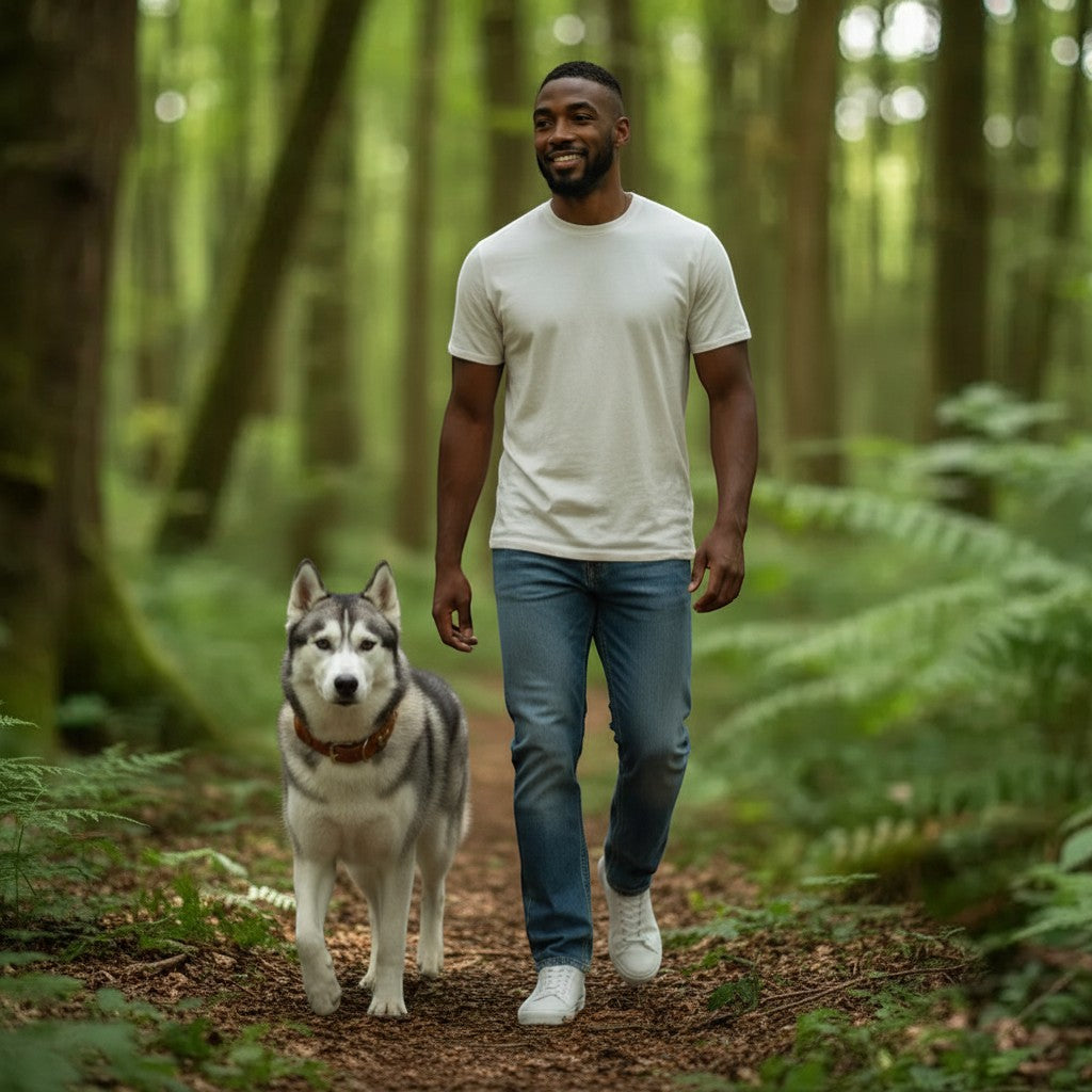 FURRYKU genuine leather dog collar in brown with integrated AirTag holder, worn by a husky in a forest.
