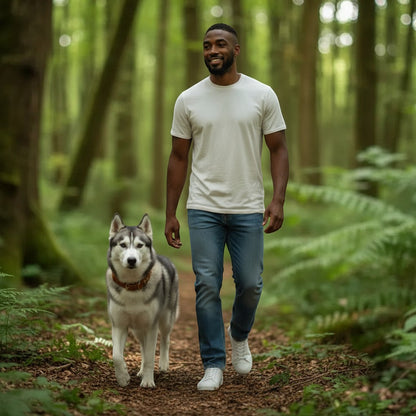 FURRYKU genuine leather dog collar in brown with integrated AirTag holder, worn by a husky in a forest.