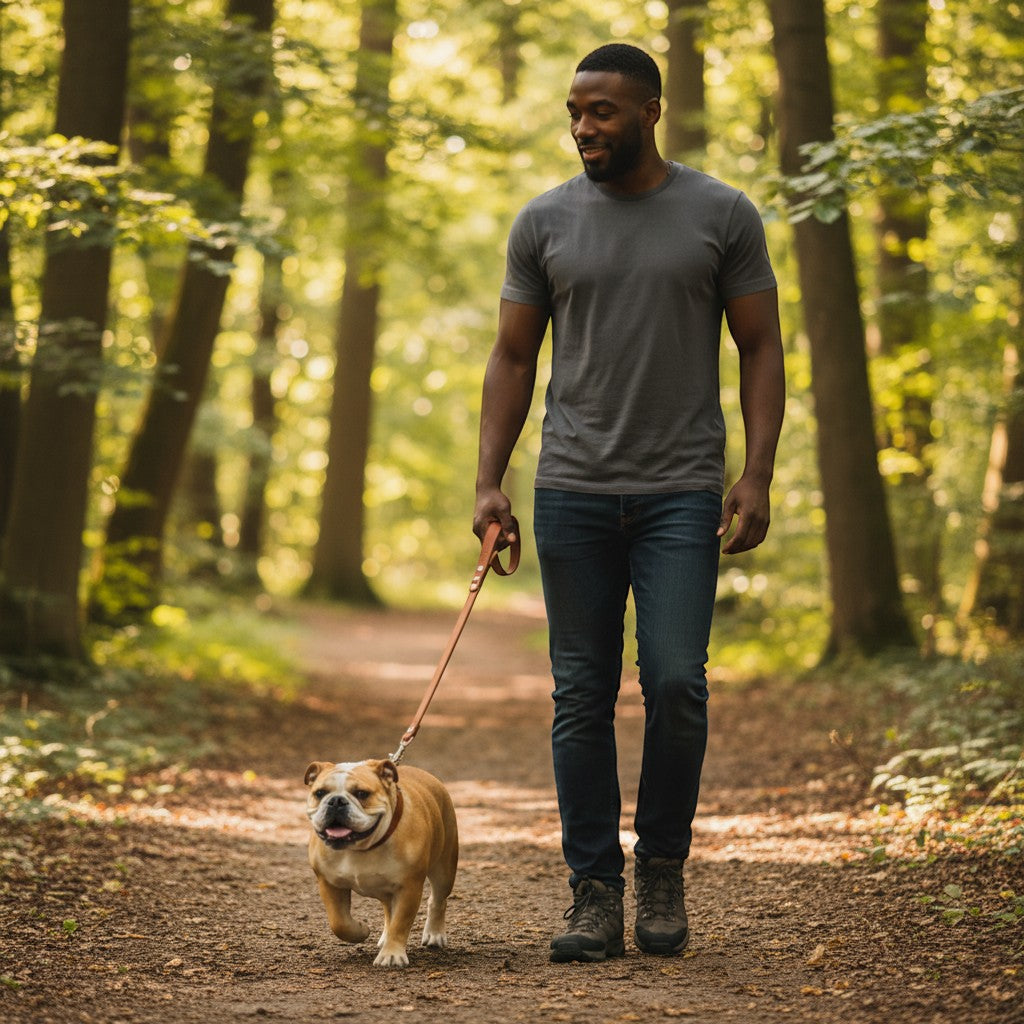 FURRYKU brown genuine leather dog collar with integrated AirTag holder for secure pet tracking.