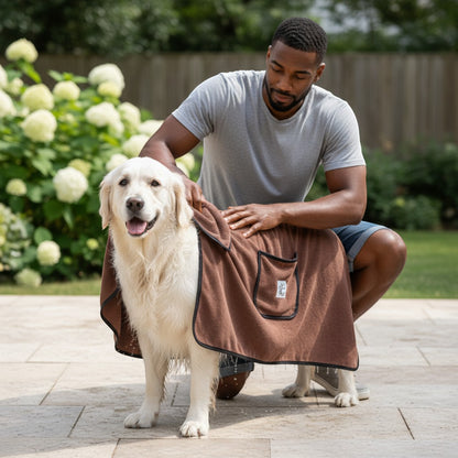 FURRYKU brown microfiber dog bath towel with pockets, quick-dry and super absorbent for large breeds.