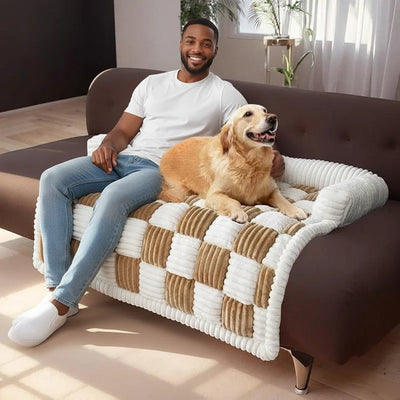 FURRYKU dog bed with chessboard pattern in brown and white, plush PP cotton filling, and raised edges for comfort.
