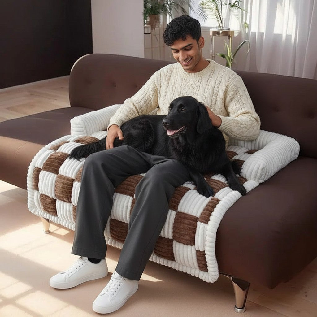 FURRYKU brown and white chessboard dog bed with plush PP cotton filling and soft velvet texture.
