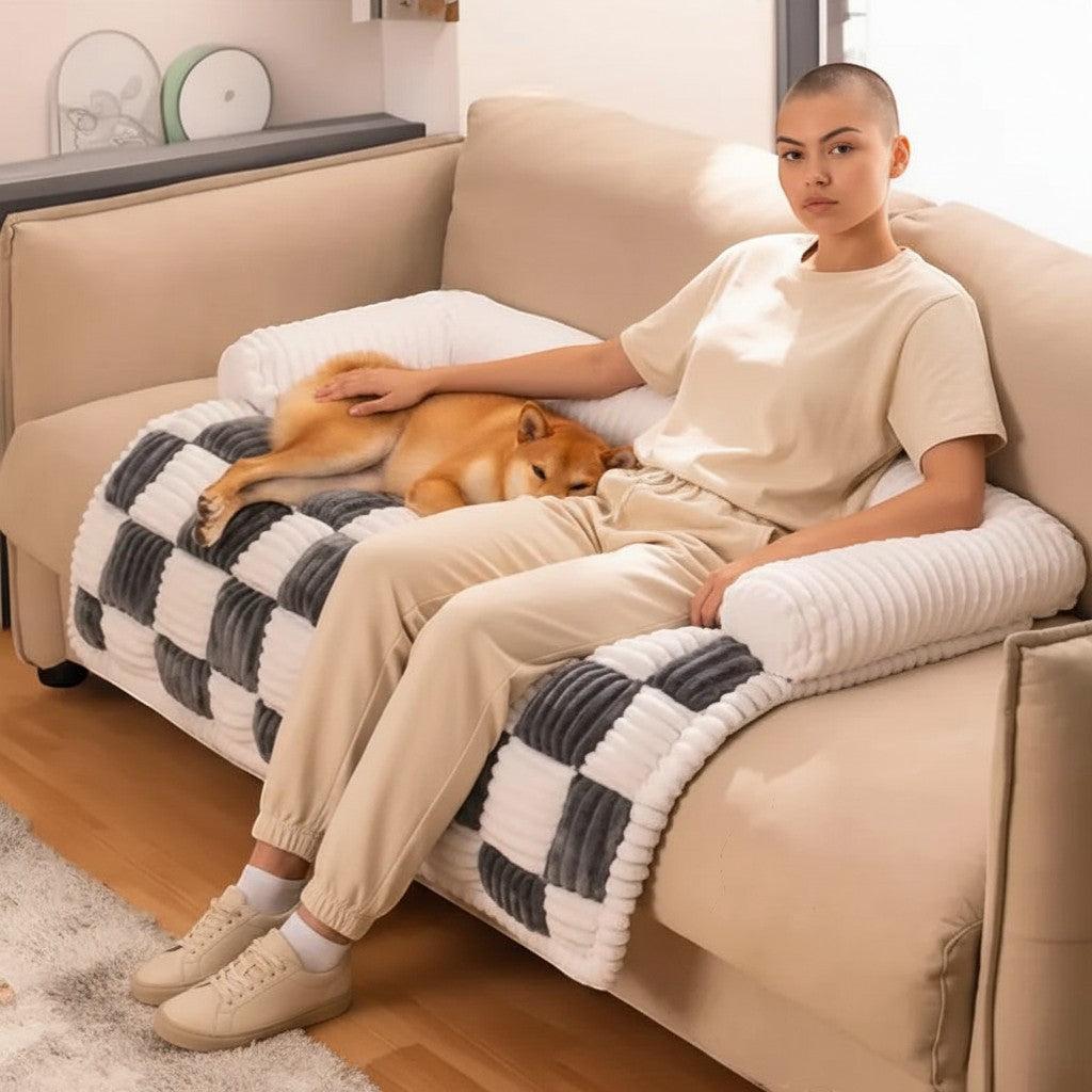 FURRYKU dog bed with chessboard pattern in gray and white, featuring a plush bolster and PP cotton filling for warmth and comfort.