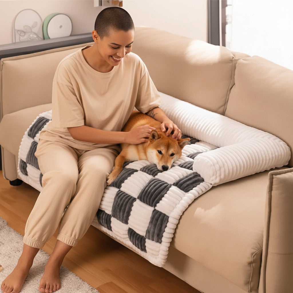 FURRYKU dog bed with chessboard pattern, plush grey and white, and a white bolster for support.
