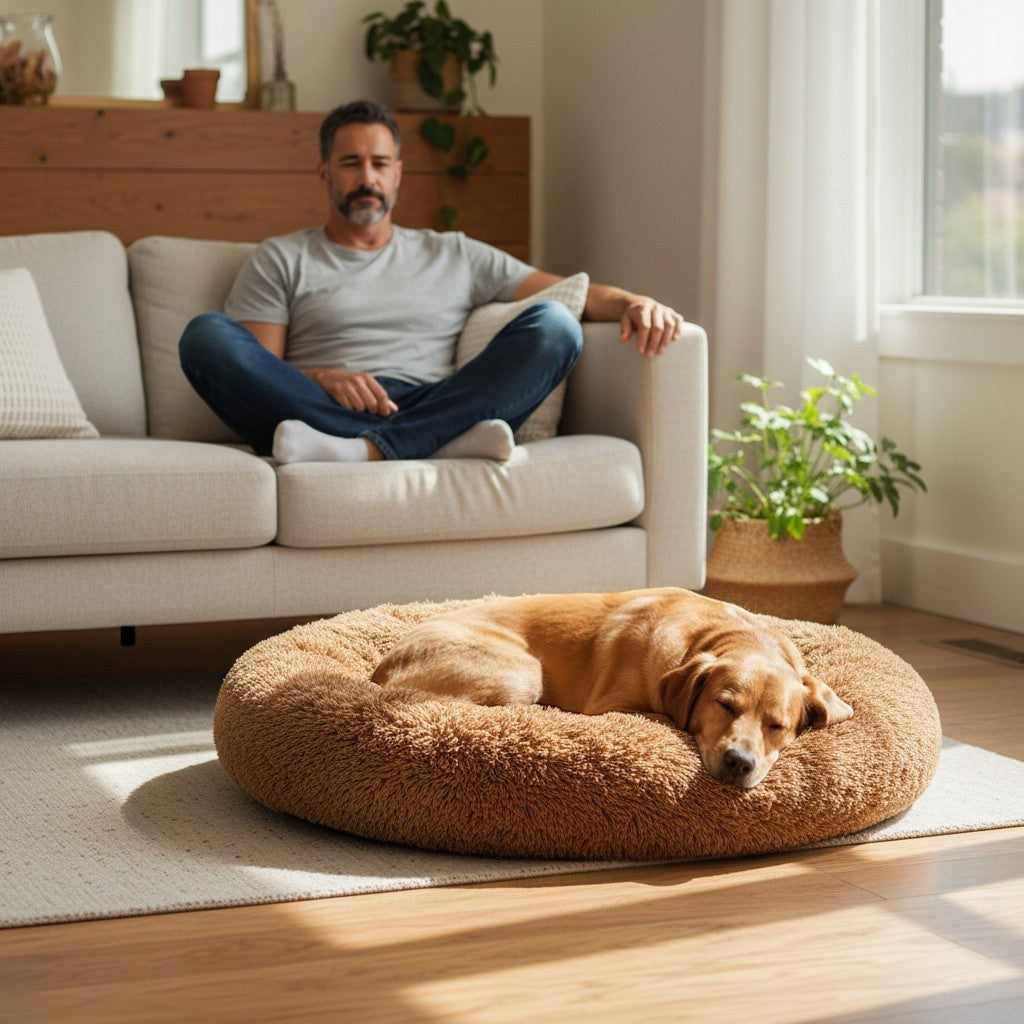 FURRYKU plush dog bed in coffee brown, round, fleece-lined with raised bolster for comfort and security.