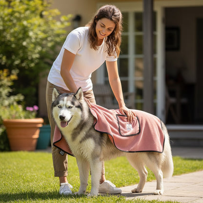 FURRYKU coral pink microfiber dog towel with black trim and pocket, quick-dry and super absorbent.
