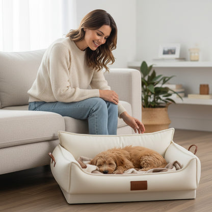 FURRYKU cream orthopedic dog kennel with natural latex padding and waterproof exterior