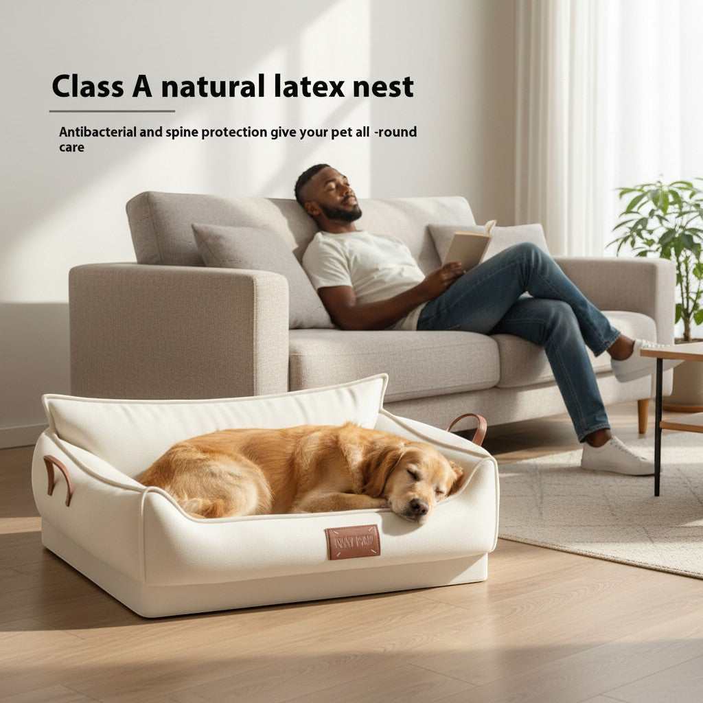 FURRYKU cream orthopedic dog kennel with natural latex padding and waterproof exterior.