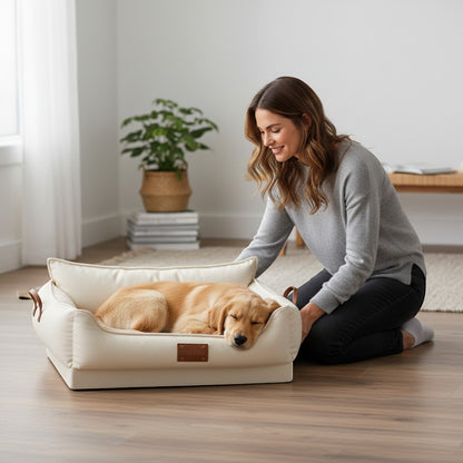 FURRYKU cream orthopedic dog kennel with natural latex padding and waterproof exterior. Features leather handles and a stitched logo patch.