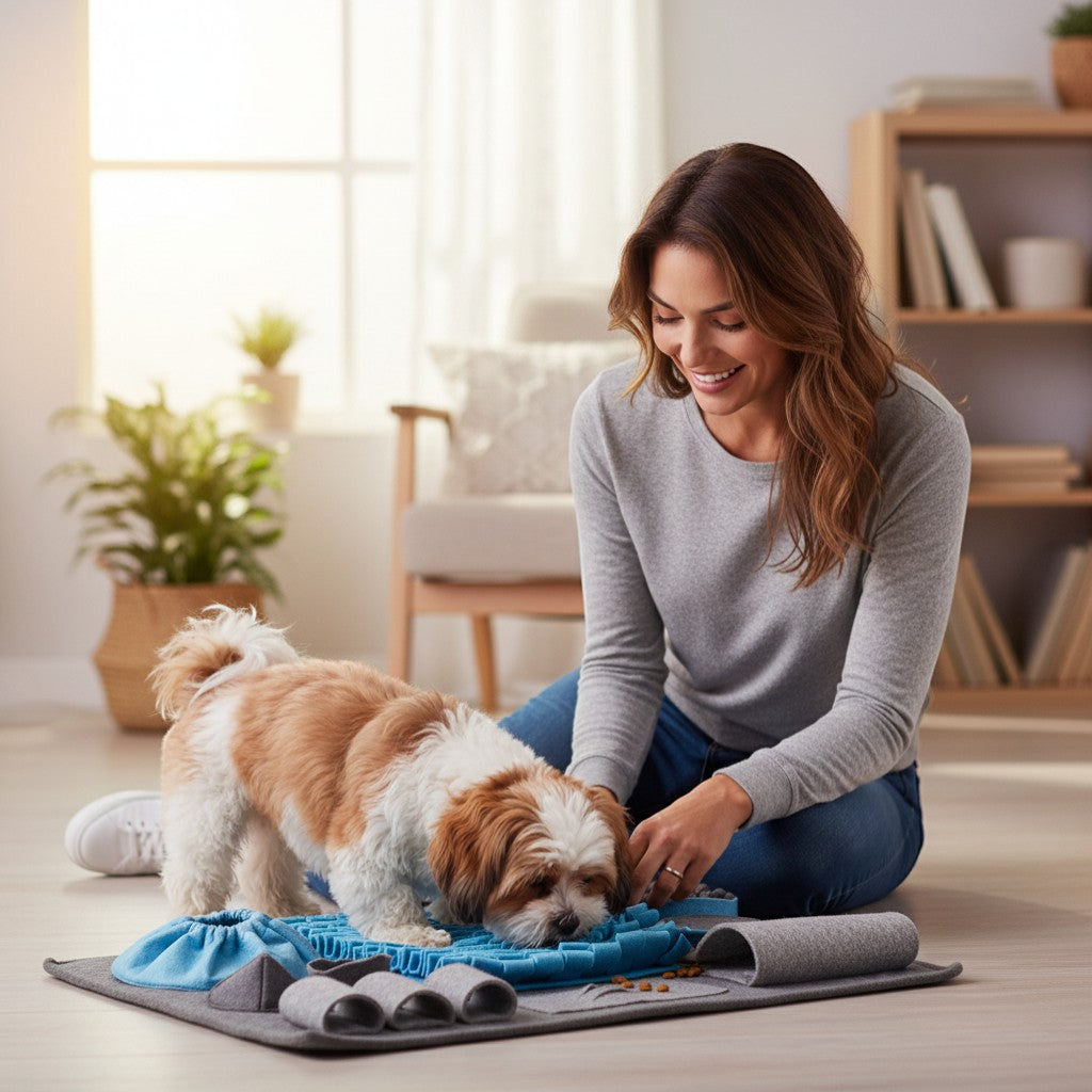 FURRYKU Sniff & Seek Dog Enrichment Mat with blue and grey felt pockets for foraging and mental stimulation.