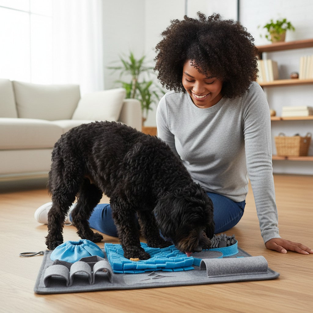 FURRYKU Sniff & Seek Dog Enrichment Mat with blue and grey felt pockets for foraging and mental stimulation.