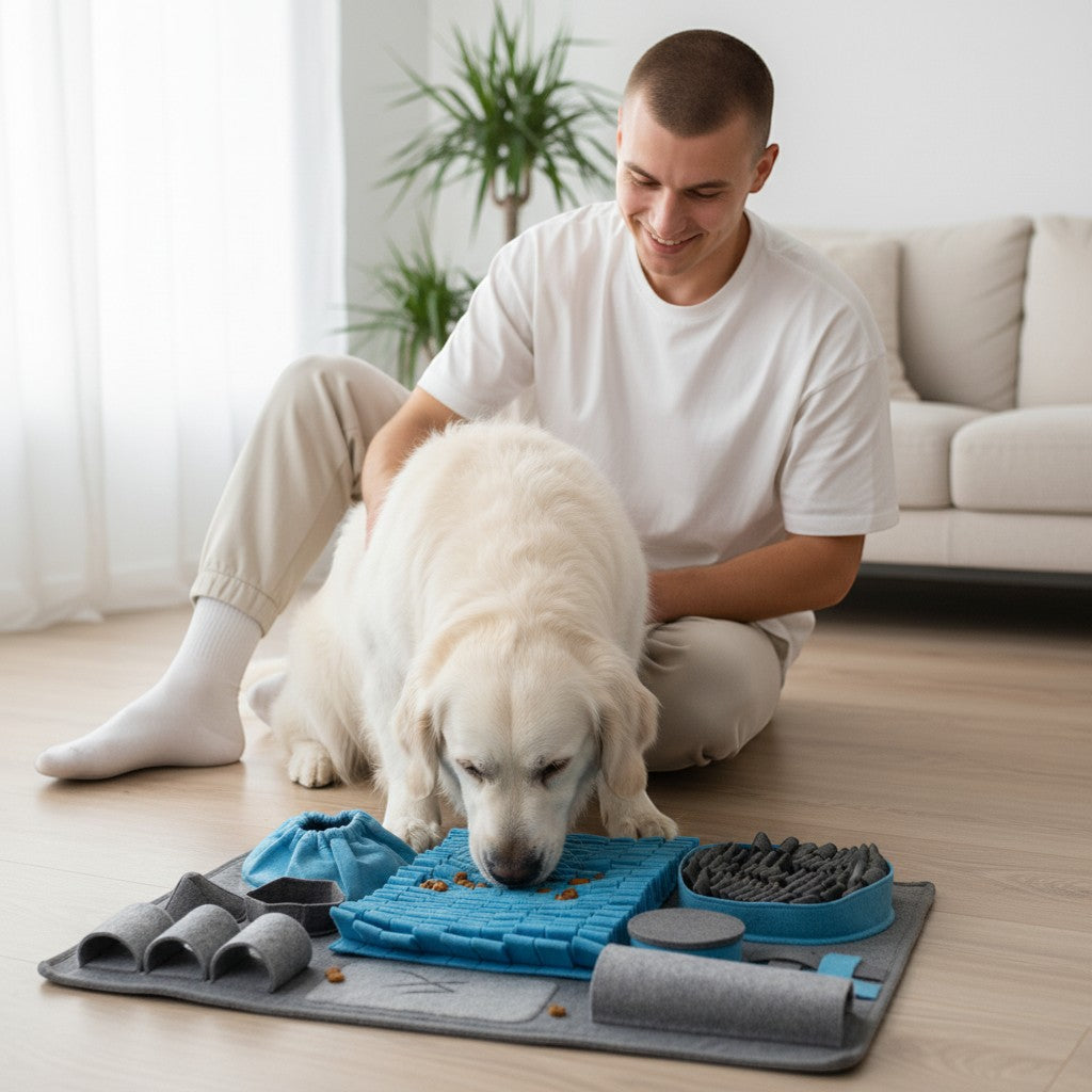 FURRYKU grey felt dog enrichment mat with blue and grey fabric strips for foraging and mental stimulation.