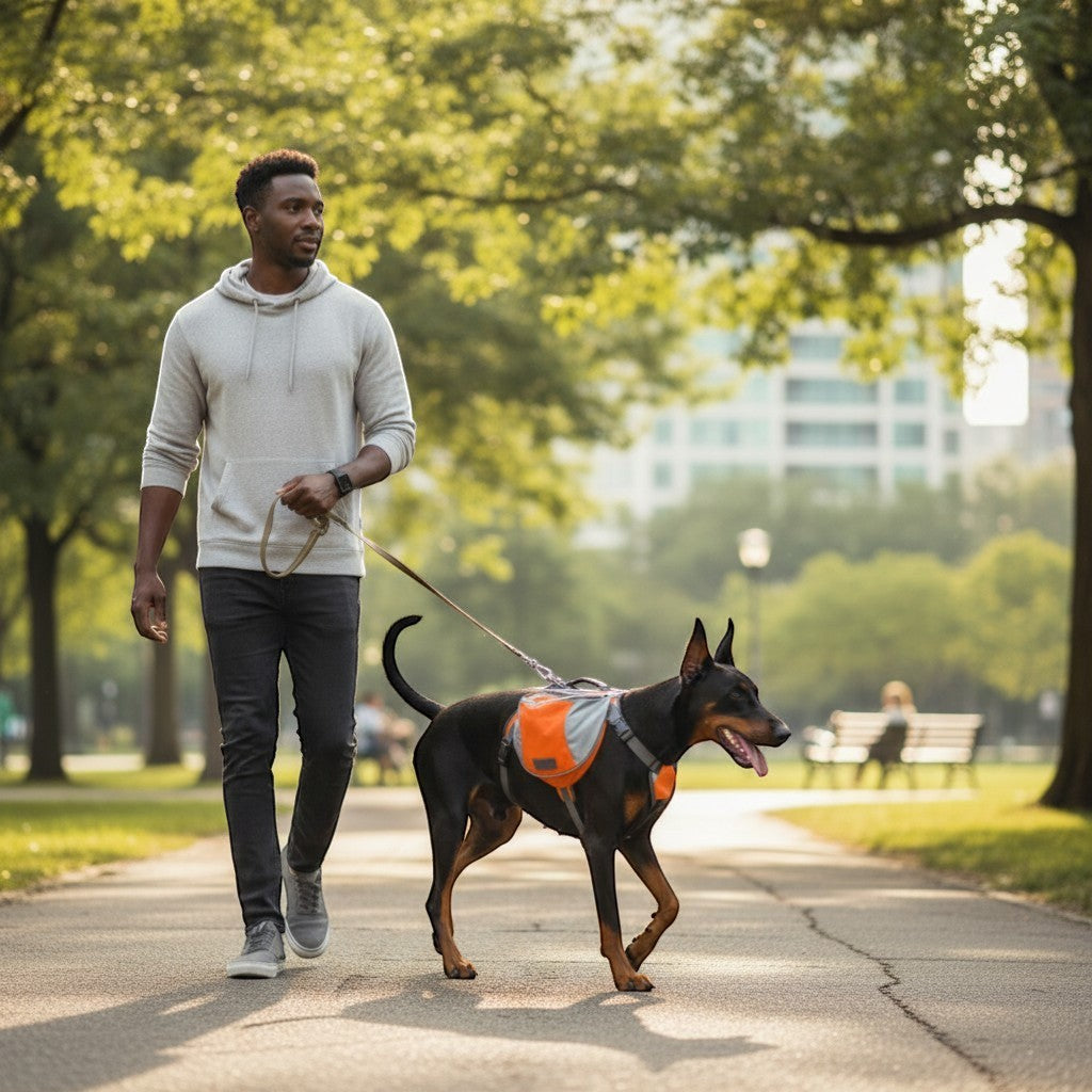 FURRYKU orange and grey dog hiking backpack with adjustable straps and multiple pockets for outdoor adventures.