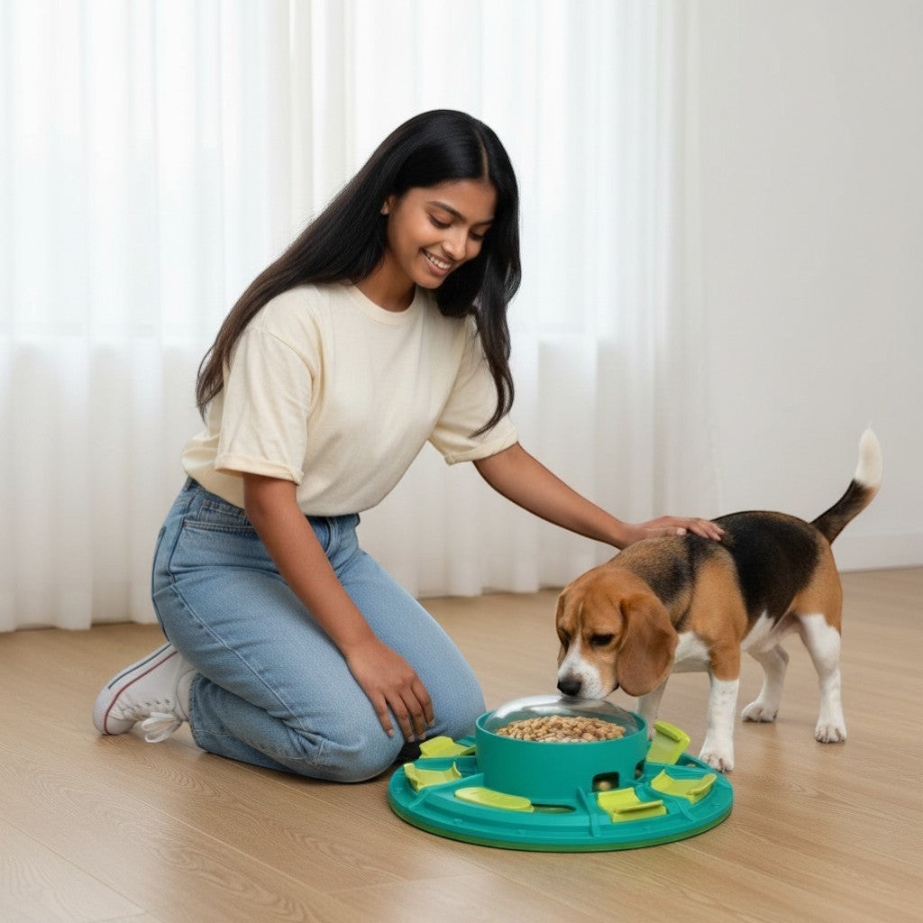 FURRYKU teal and lime green interactive dog puzzle feeder with sliding compartments for treats and kibble.