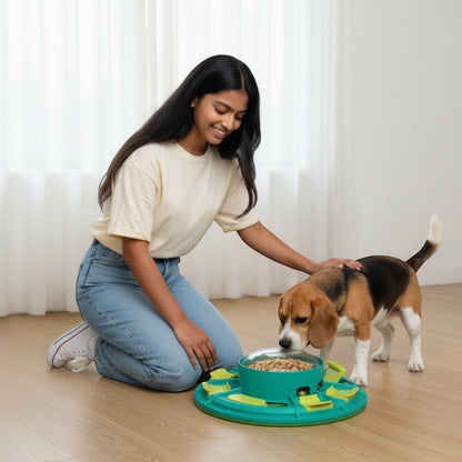 FURRYKU teal and lime green interactive dog puzzle feeder with sliding compartments for treats and kibble.