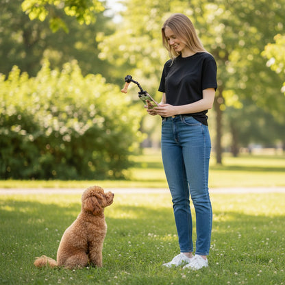 FURRYKU dog selfie camera treat clip with 360° adjustable neck and bone-shaped treat holder, clips to smartphone.