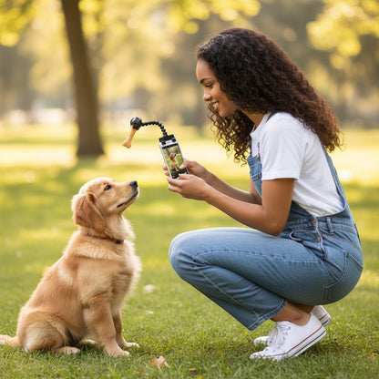 FURRYKU dog selfie camera treat clip with adjustable arm and bone-shaped treat holder, attaches to smartphone.