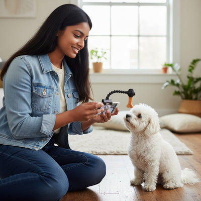 FURRYKU dog selfie camera treat clip with 360° adjustable arm and bone-shaped treat holder, attaches to smartphone.