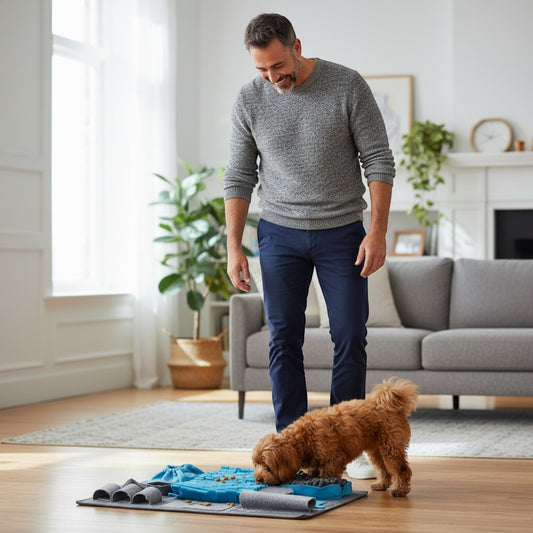 FURRYKU grey felt dog enrichment mat with blue and grey fabric strips for foraging and sniffing.
