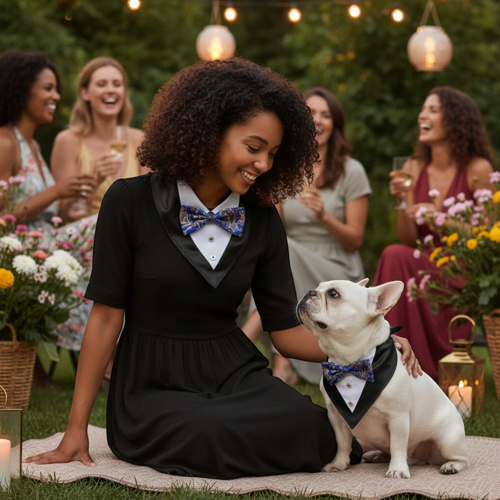 FURRYKU white French Bulldog wearing a black tuxedo-style bandana with a blue paisley bow tie and white button detail.