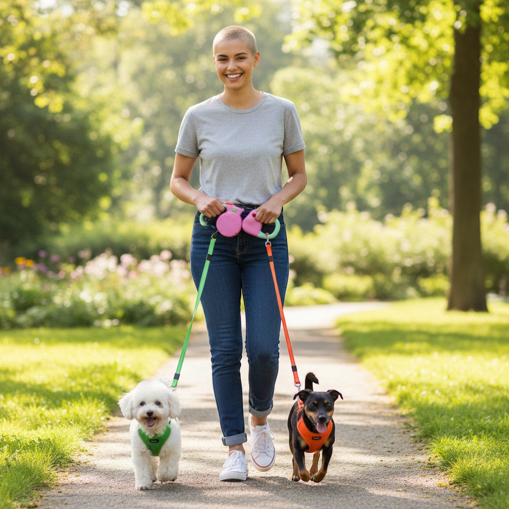 FURRYKU dual retractable dog leash with pink body, green and orange leashes, and chrome clasps.
