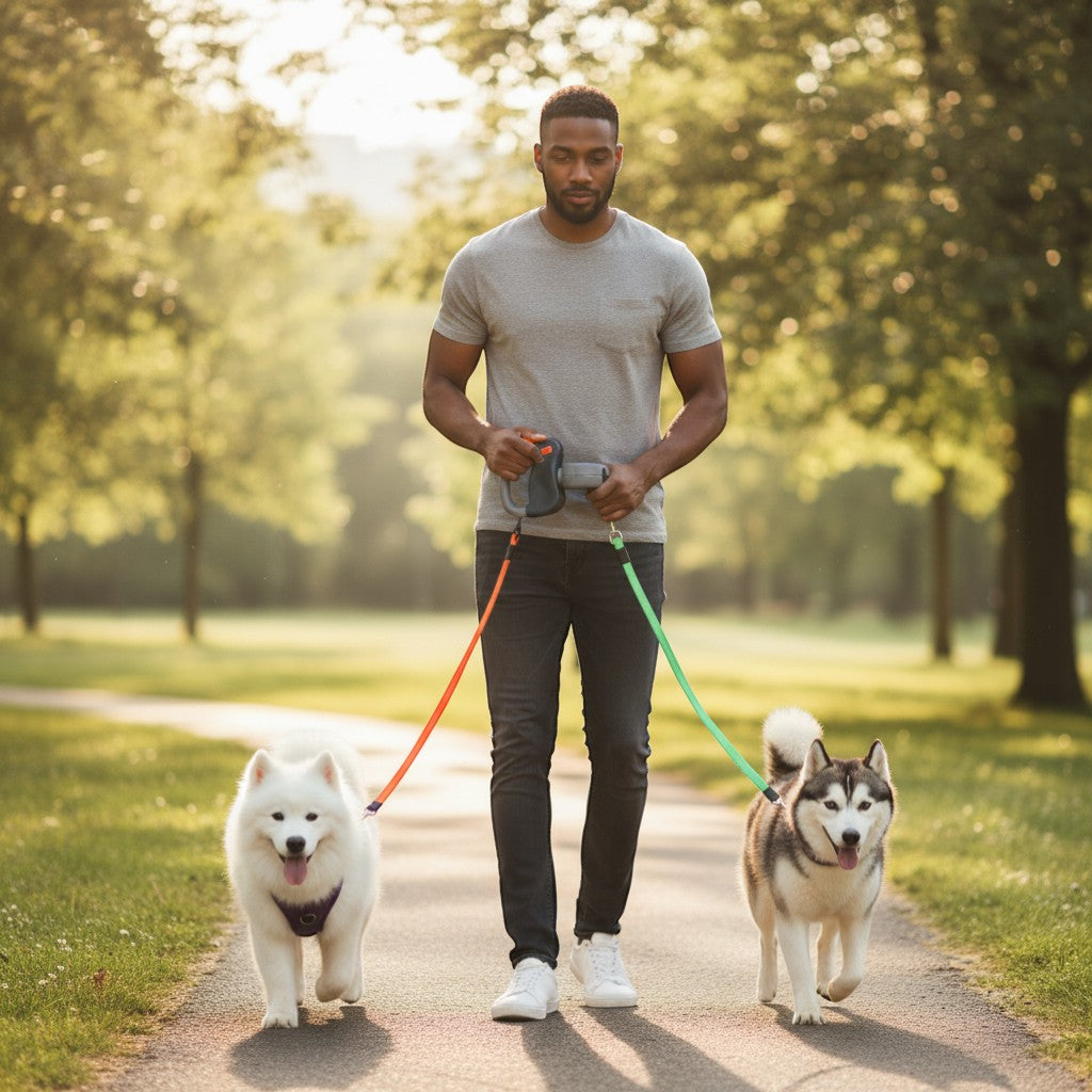 FURRYKU dual retractable dog leash with orange and green nylon leashes, grey and black handle.