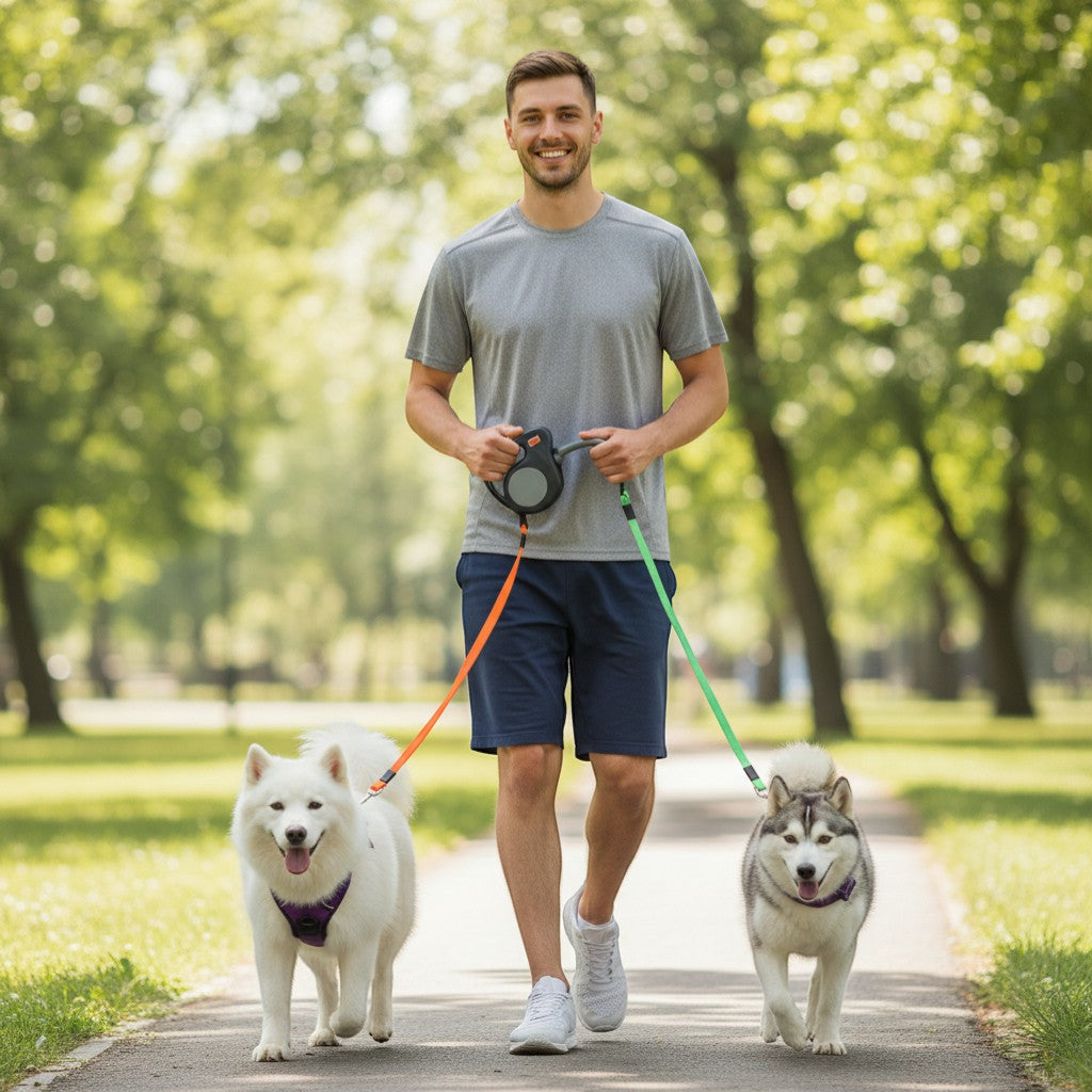 FURRYKU dual retractable dog leash with orange and green nylon leashes, grey and black handle.
