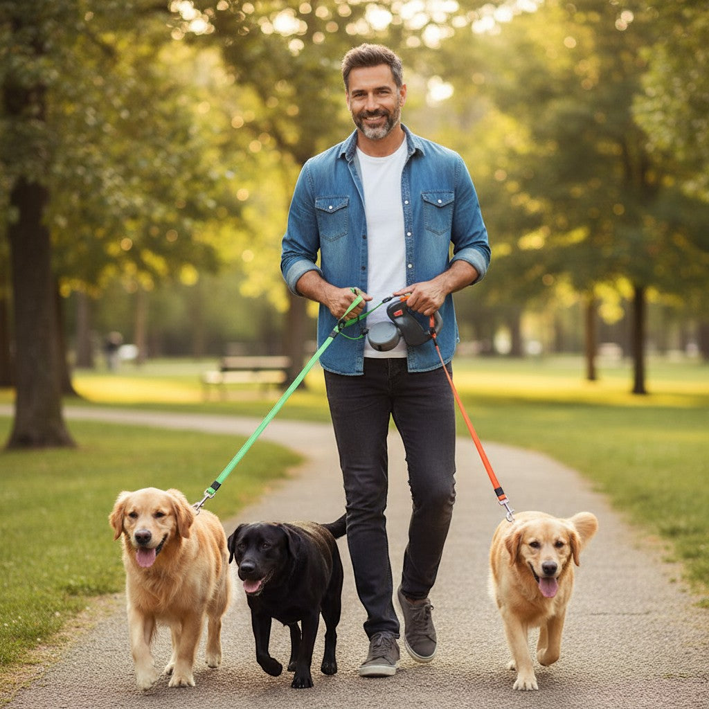FURRYKU dual retractable dog leash with orange and green nylon leashes and ergonomic handle.
