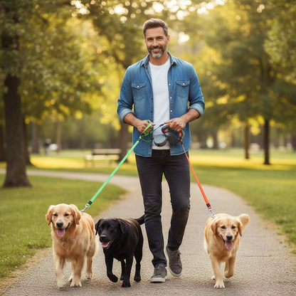 FURRYKU dual retractable dog leash with orange and green nylon leashes and ergonomic handle.