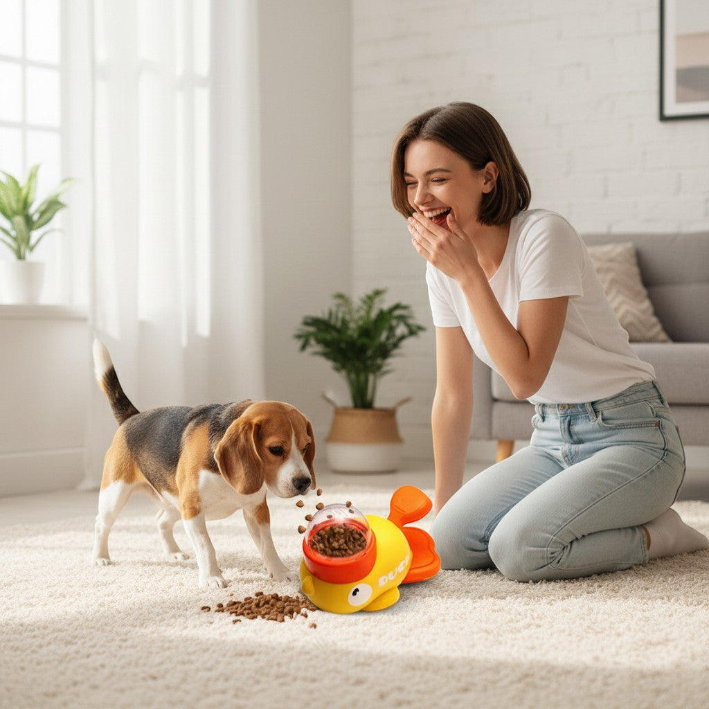 FURRYKU yellow duck dog puzzle feeder, interactive treat dispenser for mental enrichment and anti-gulp feeding.