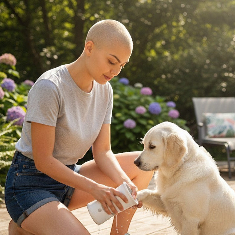 FURRYKU white electric dog paw cleaner with grey silicone bristles and power button.