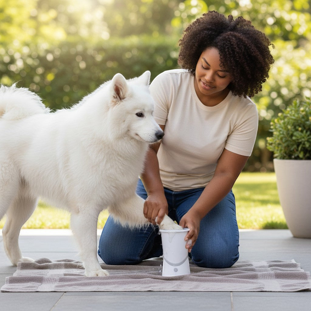 FURRYKU white electric dog paw cleaner with grey silicone bristles and power button.