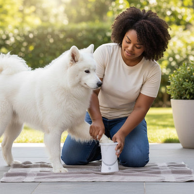 FURRYKU white electric dog paw cleaner with grey silicone bristles and power button.