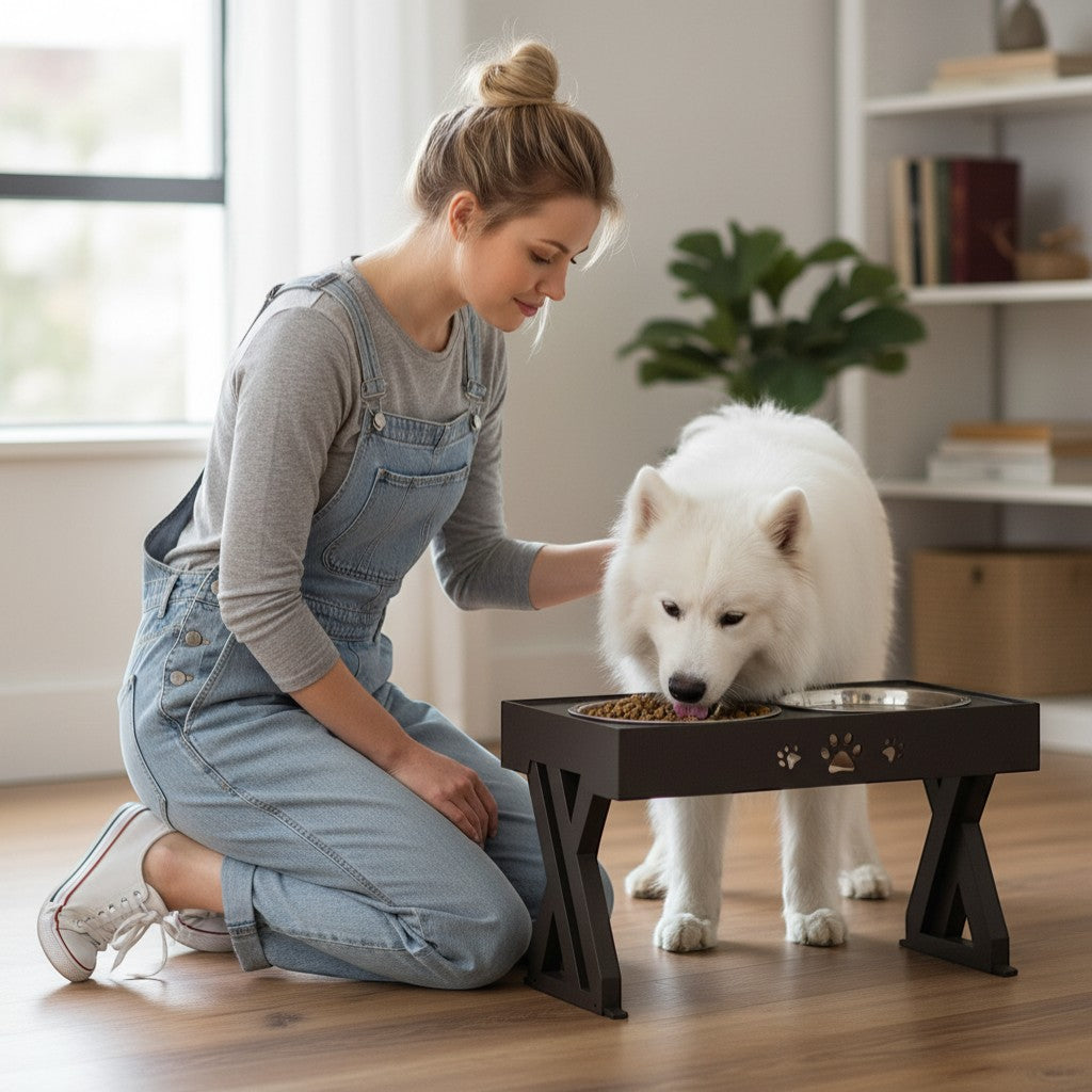 FURRYKU black elevated dog feeder with two stainless steel bowls, one filled with kibble.