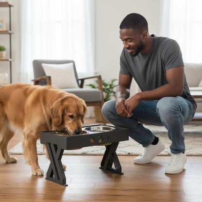 FURRYKU black elevated dog feeder with two stainless steel bowls, one filled with kibble.