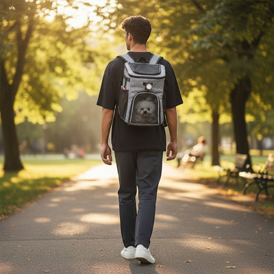 FURRYKU gray padded dog bicycle backpack with LED light and mesh window for small pets.