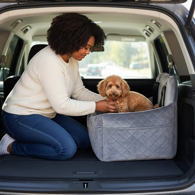 FURRYKU gray quilted plush dog car seat with high bolstered walls and safety straps for small to medium dogs.