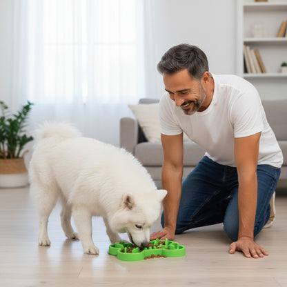 FURRYKU green bone-shaped slow feeder puzzle bowl made of BPA-free silicone for dogs.